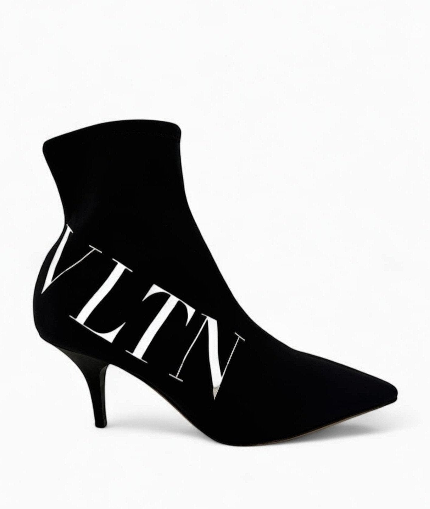 VALENTINO GARAVANI Black Stiletto Heel VLTN Logo Sock Ankle Boot EU36.5