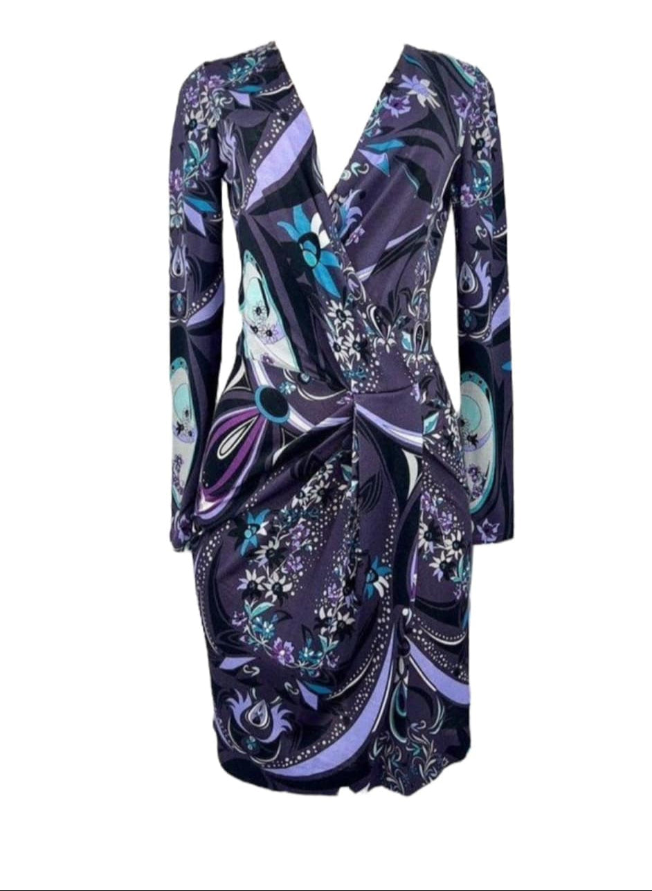 EMILIO PUCCI Purple Floral Print Long Sleeve V-Neck Dress US SM
