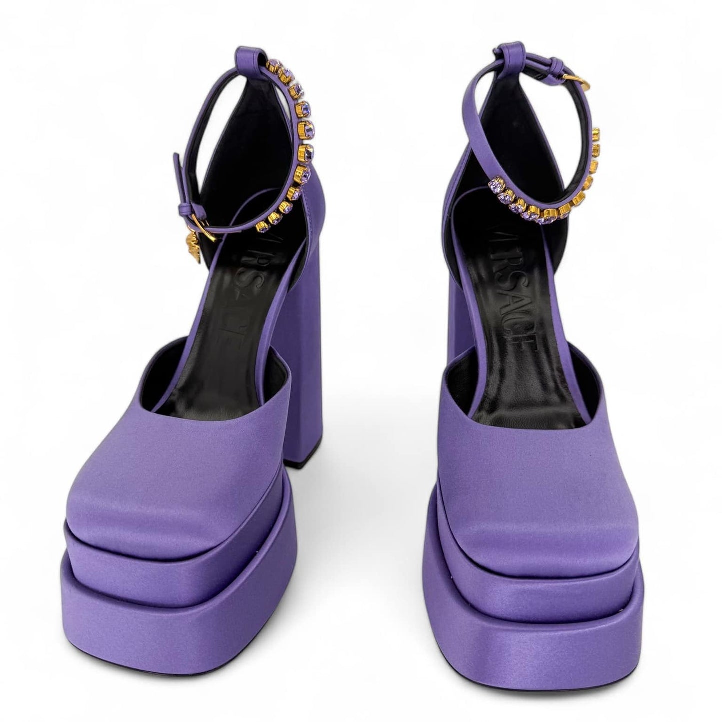 VERSACE Aevitas Purple Crystal-Embellished Platform Block Heel Pumps IT38