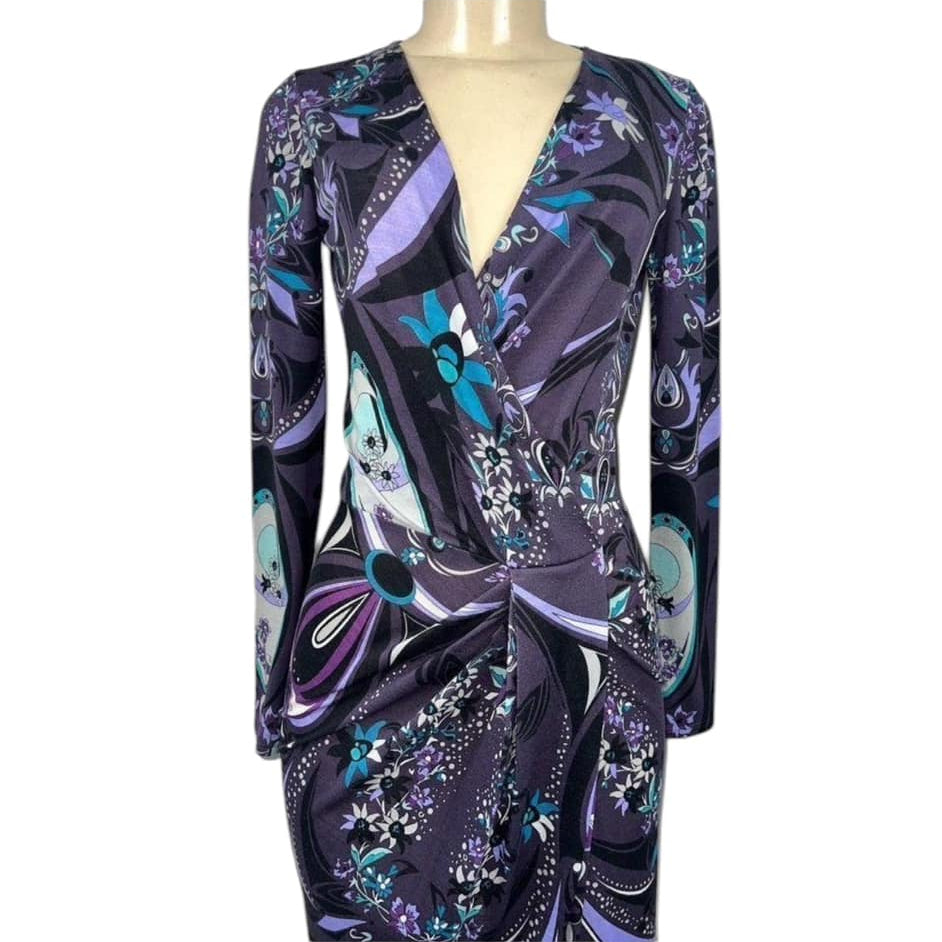 EMILIO PUCCI Purple Floral Print Long Sleeve V-Neck Dress US SM