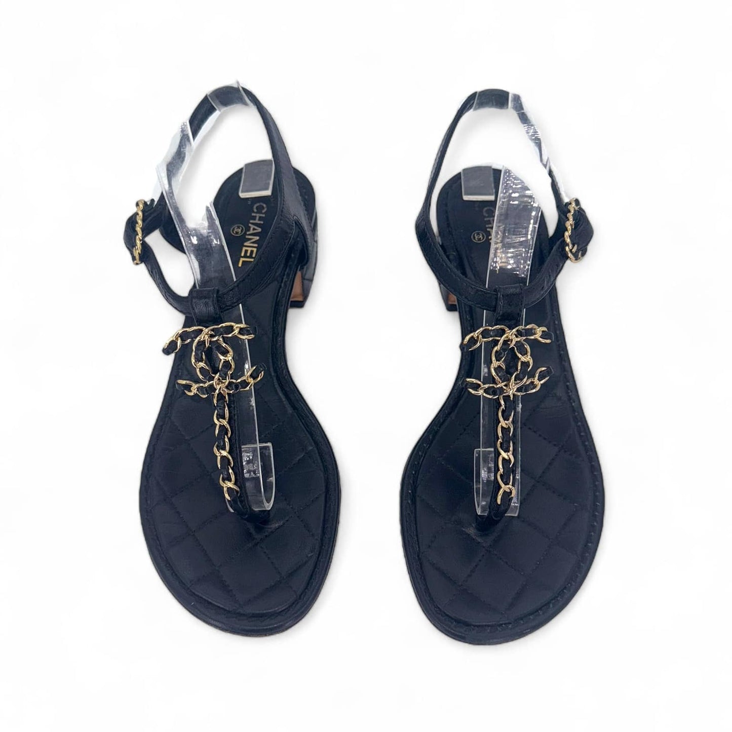 CHANEL Black & Gold CC Logo T-Strap Leather Sandals IT36