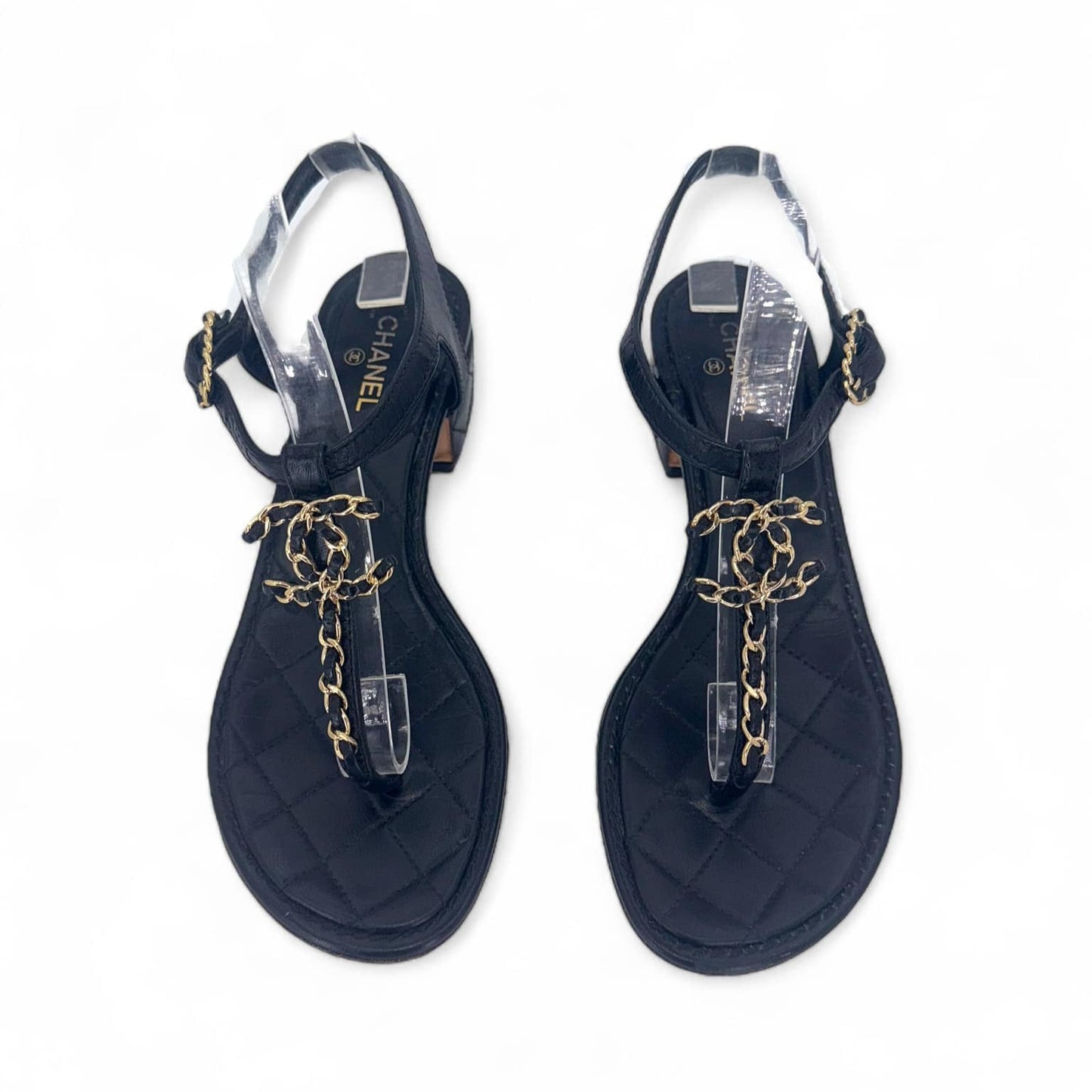 CHANEL Black & Gold CC Logo T-Strap Leather Sandals IT36