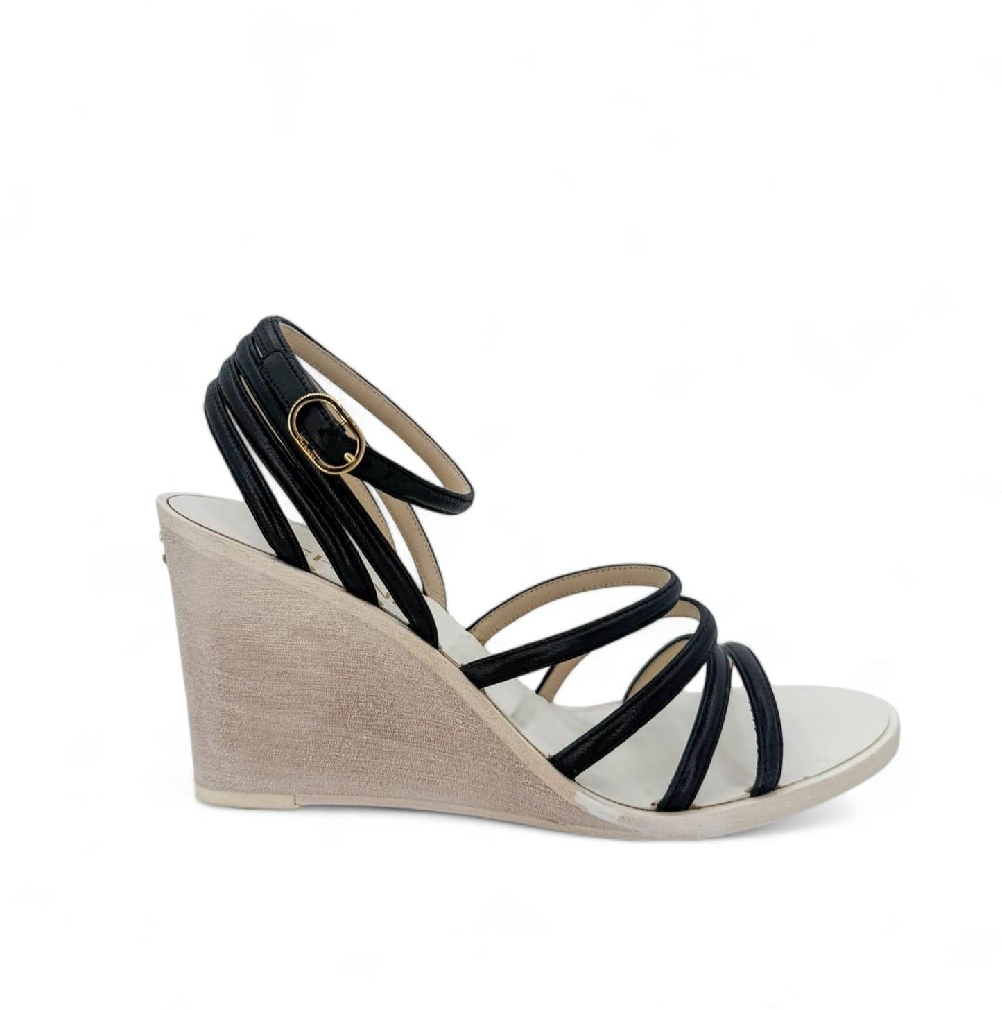 CHANEL Black & Beige CC Logo Wedge Heel Sandals IT38.5