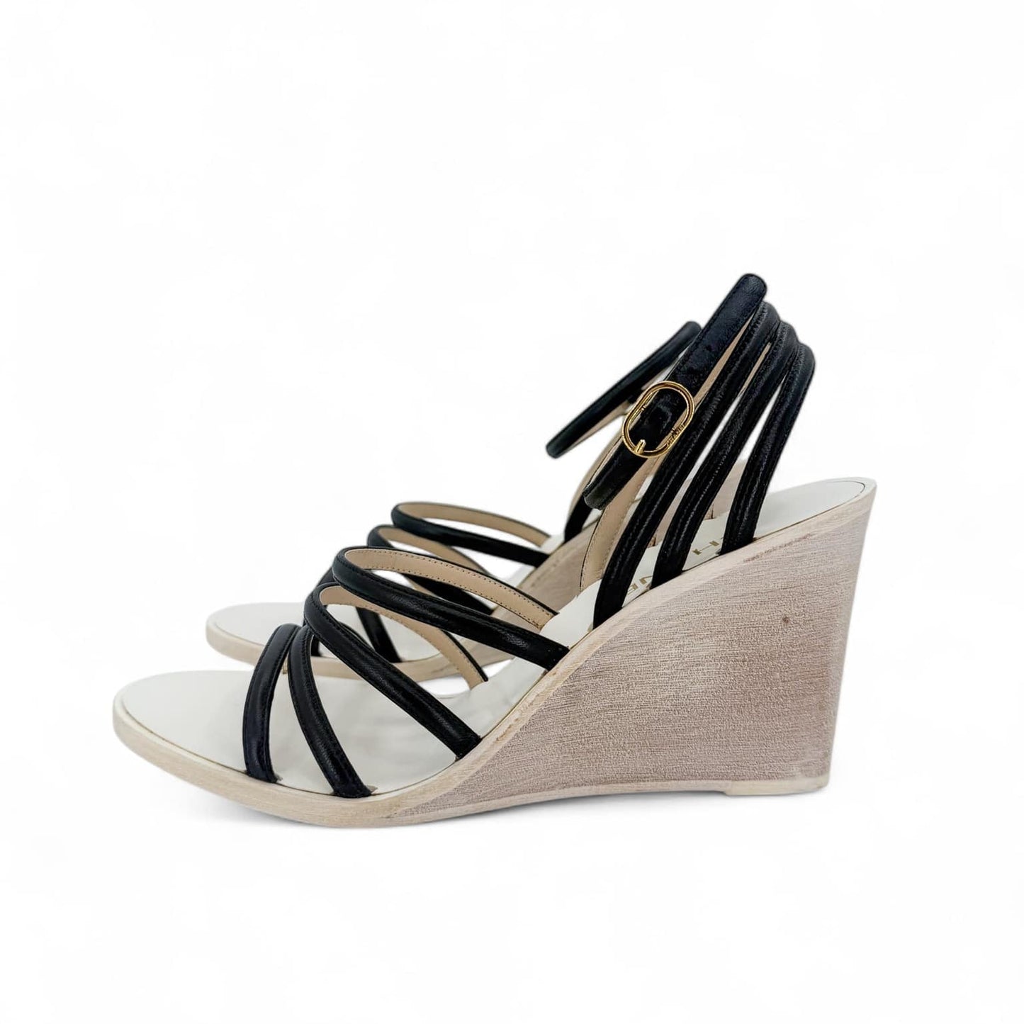 CHANEL Black & Beige CC Logo Wedge Heel Sandals IT38.5
