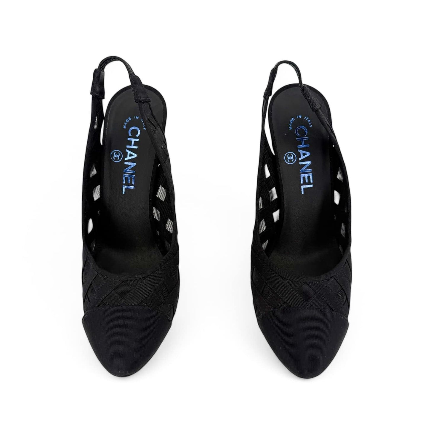 CHANEL 19' CC Logo Mesh & Grosgrain Cap Toe Slingback Heels EU36.5
