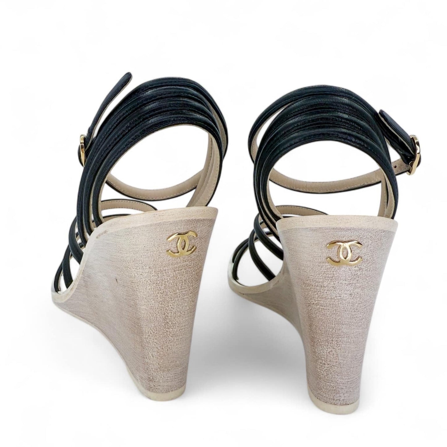 CHANEL Black & Beige CC Logo Wedge Heel Sandals IT38.5
