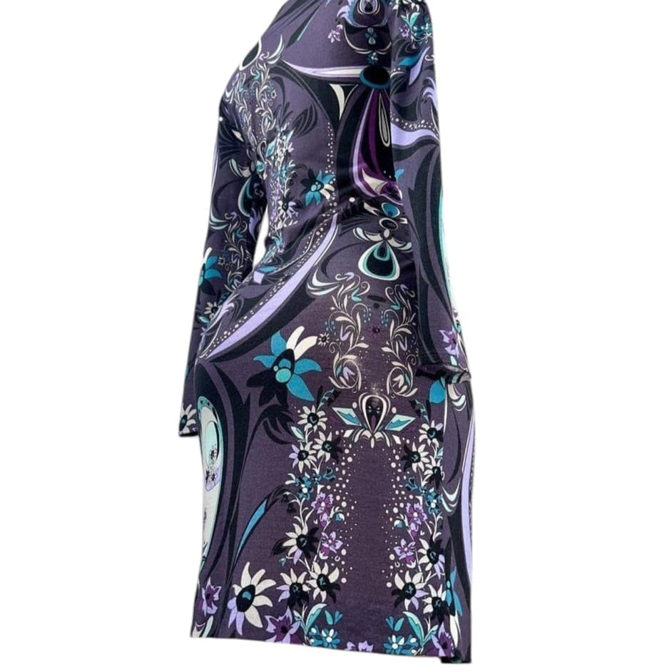 EMILIO PUCCI Purple Floral Print Long Sleeve V-Neck Dress US SM