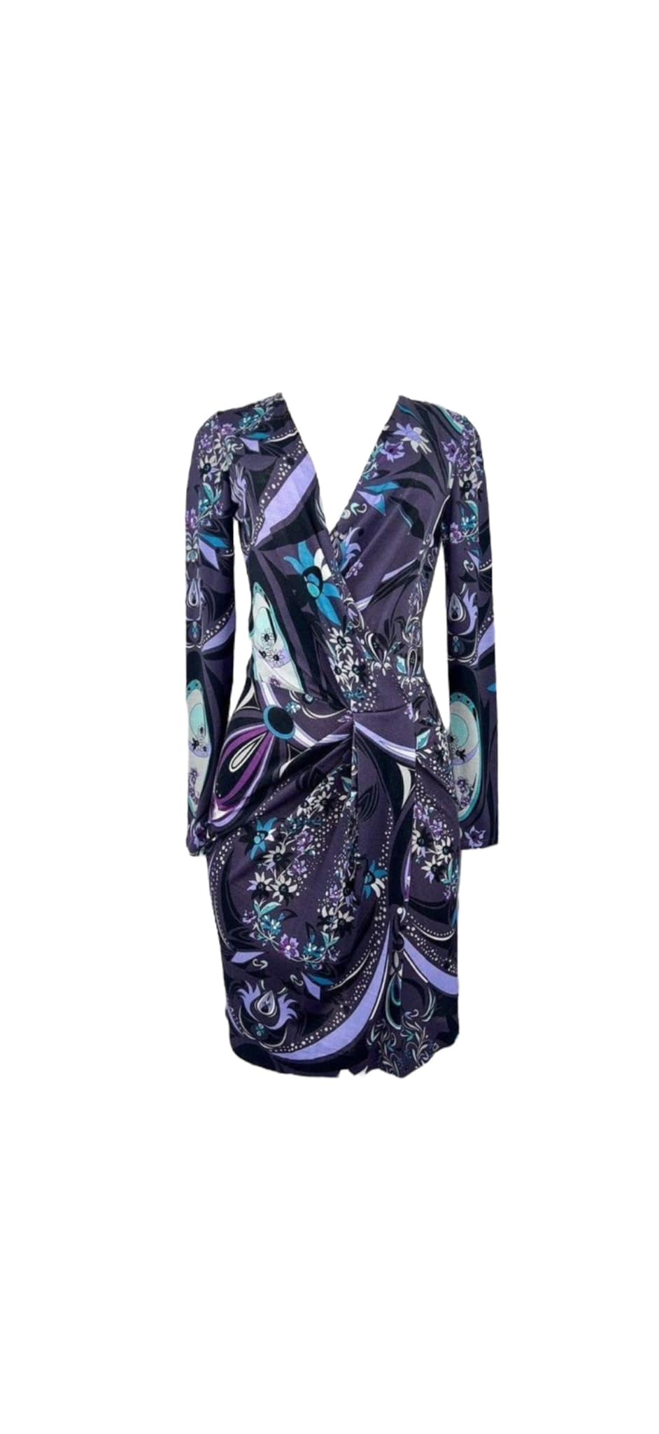 EMILIO PUCCI Purple Floral Print Long Sleeve V-Neck Dress US SM