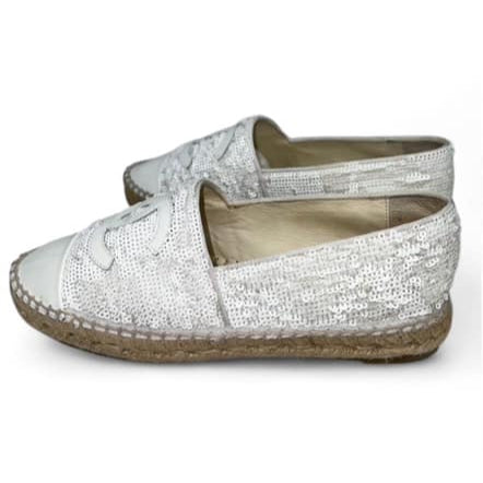 CHANEL White CC Logo Sequin Flat Espadrilles EU37