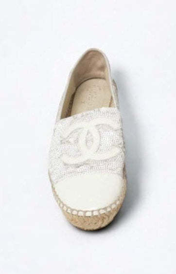 CHANEL White CC Logo Sequin Flat Espadrilles EU37