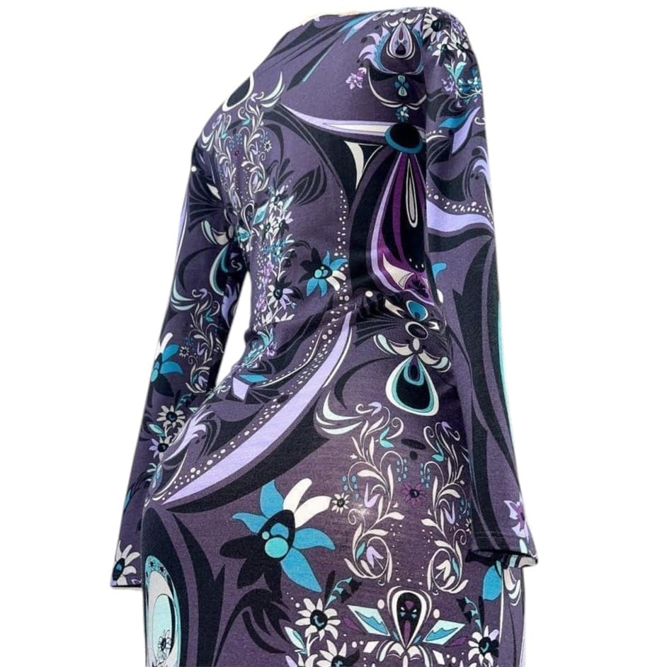 EMILIO PUCCI Purple Floral Print Long Sleeve V-Neck Dress US SM