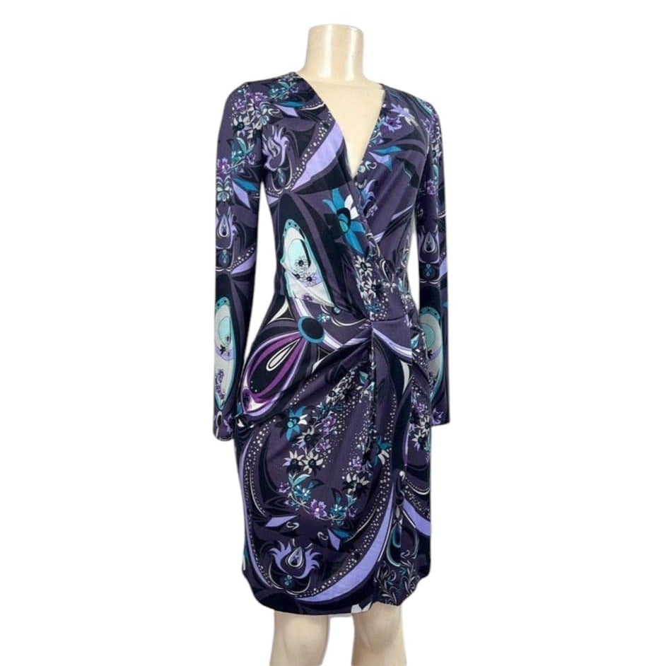 EMILIO PUCCI Purple Floral Print Long Sleeve V-Neck Dress US SM