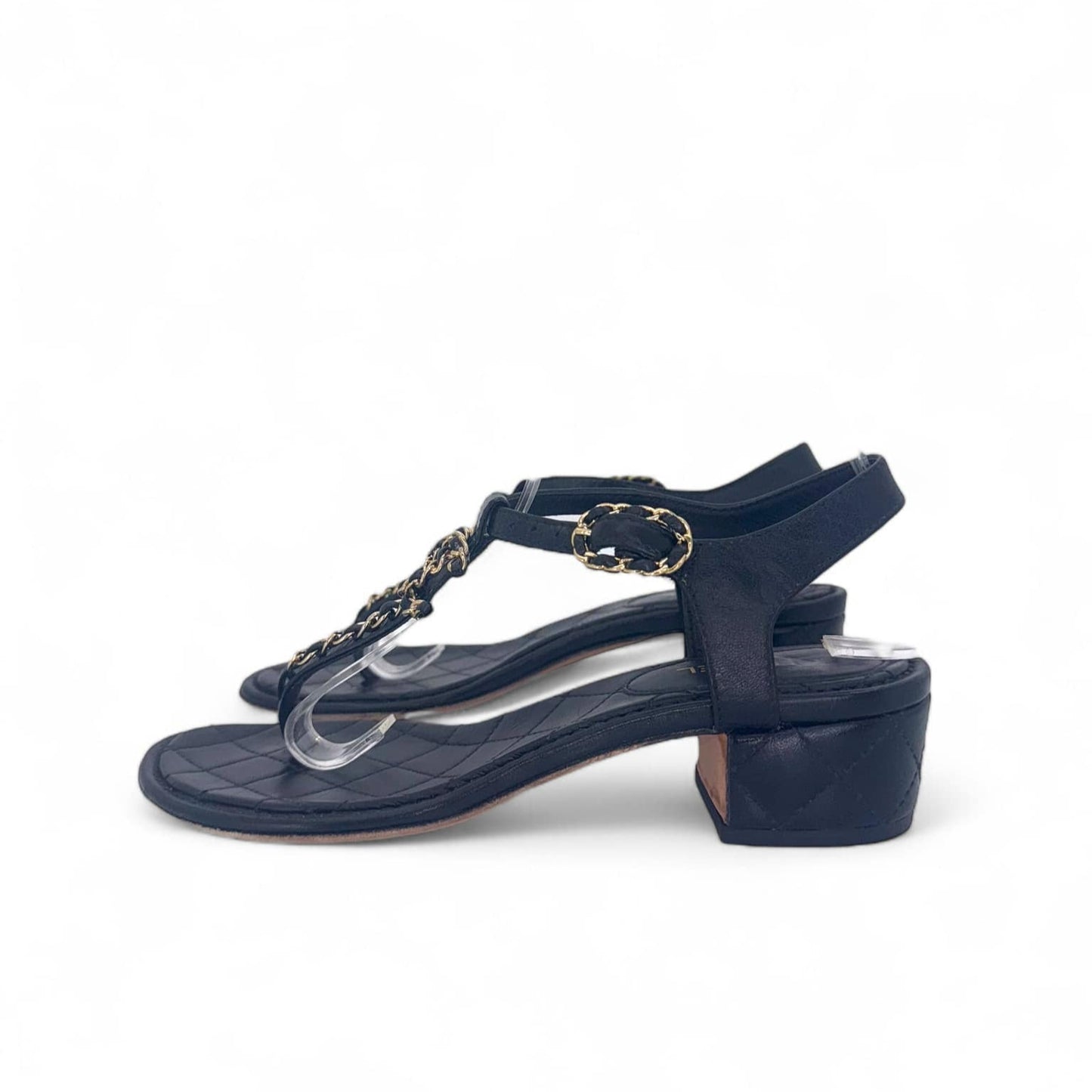 CHANEL Black & Gold CC Logo T-Strap Leather Sandals IT36