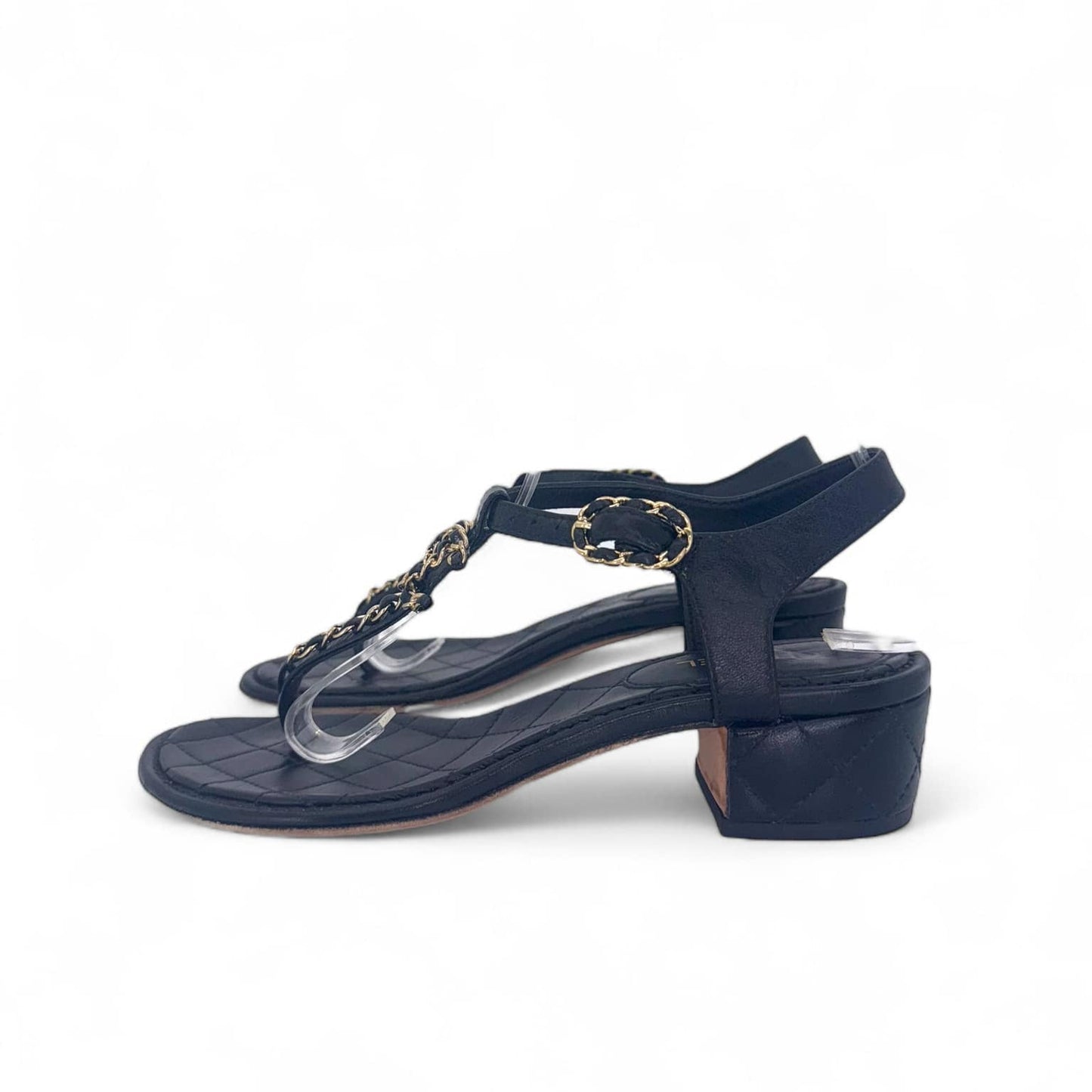 CHANEL Black & Gold CC Logo T-Strap Leather Sandals IT36