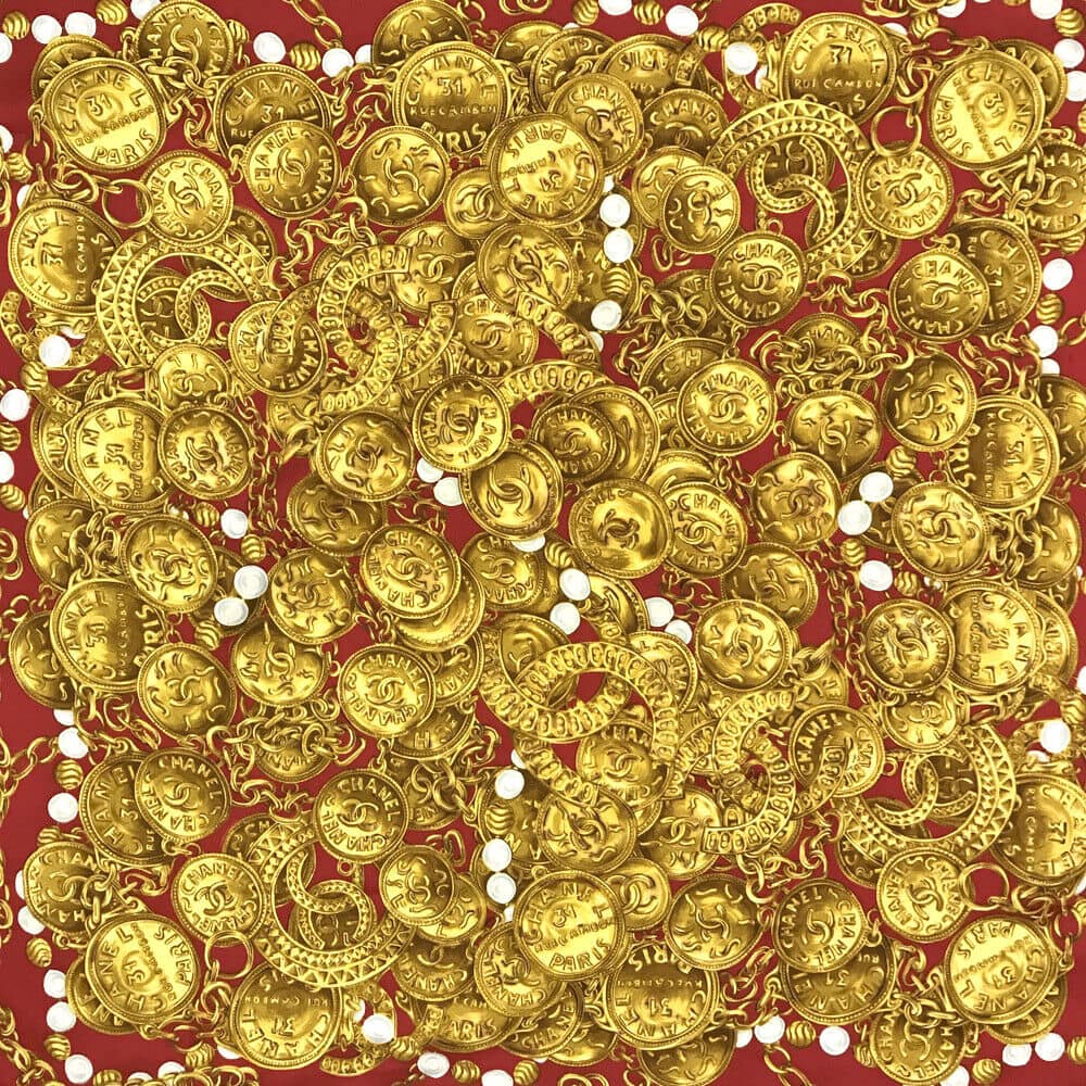 CHANEL Vintage CC Logo Jewelry Pattern Red & Gold Scarf