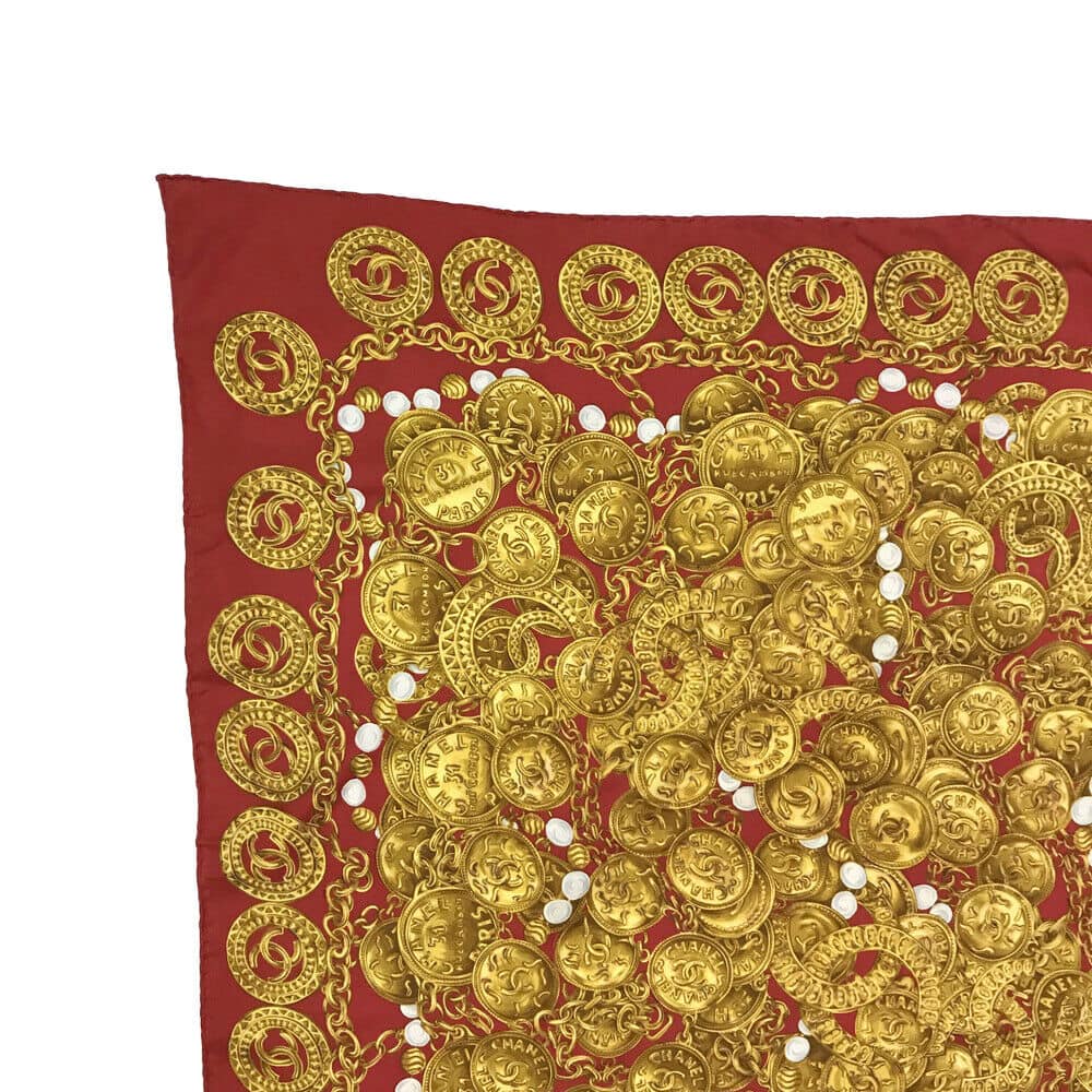 CHANEL Vintage CC Logo Jewelry Pattern Red & Gold Scarf
