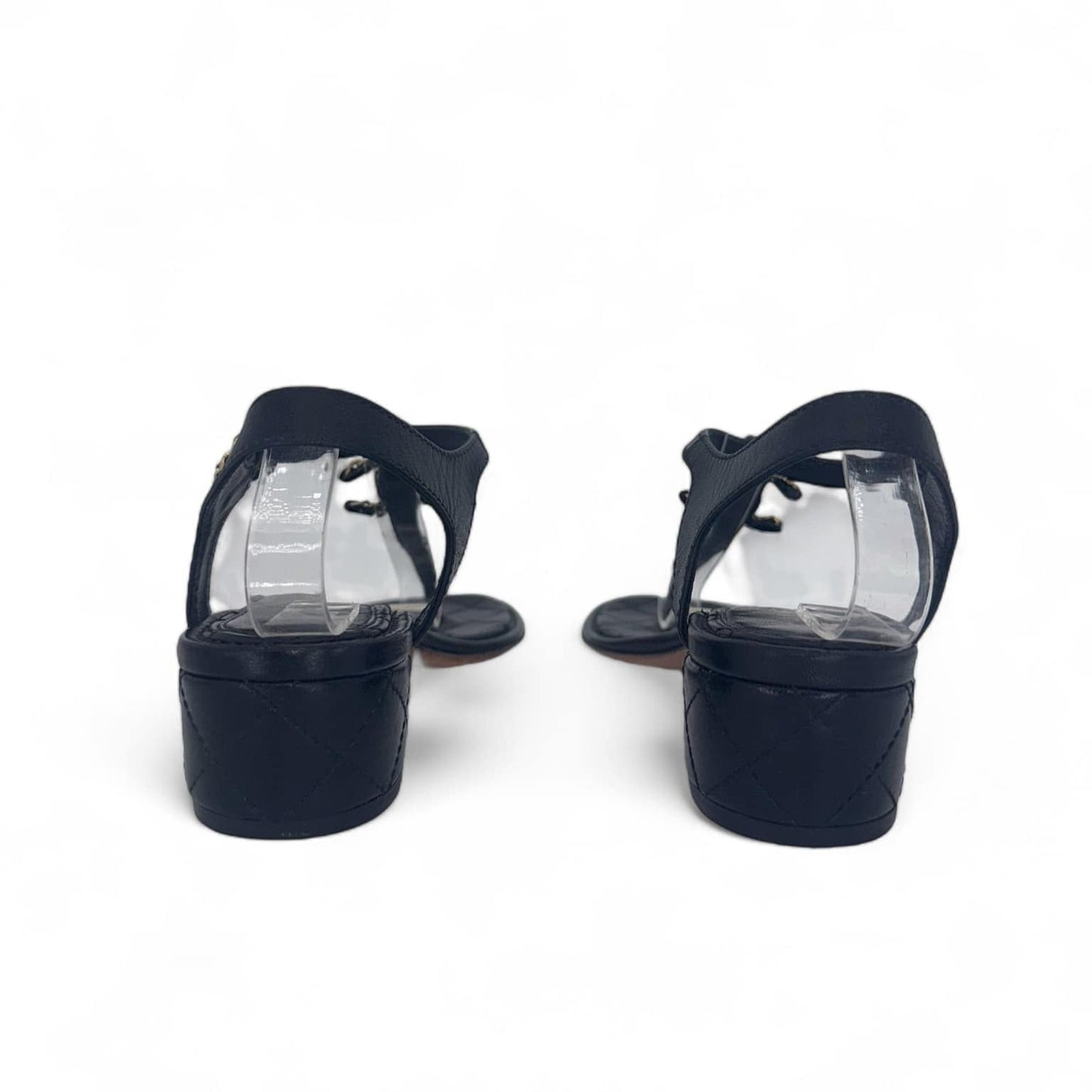 CHANEL Black & Gold CC Logo T-Strap Leather Sandals IT36