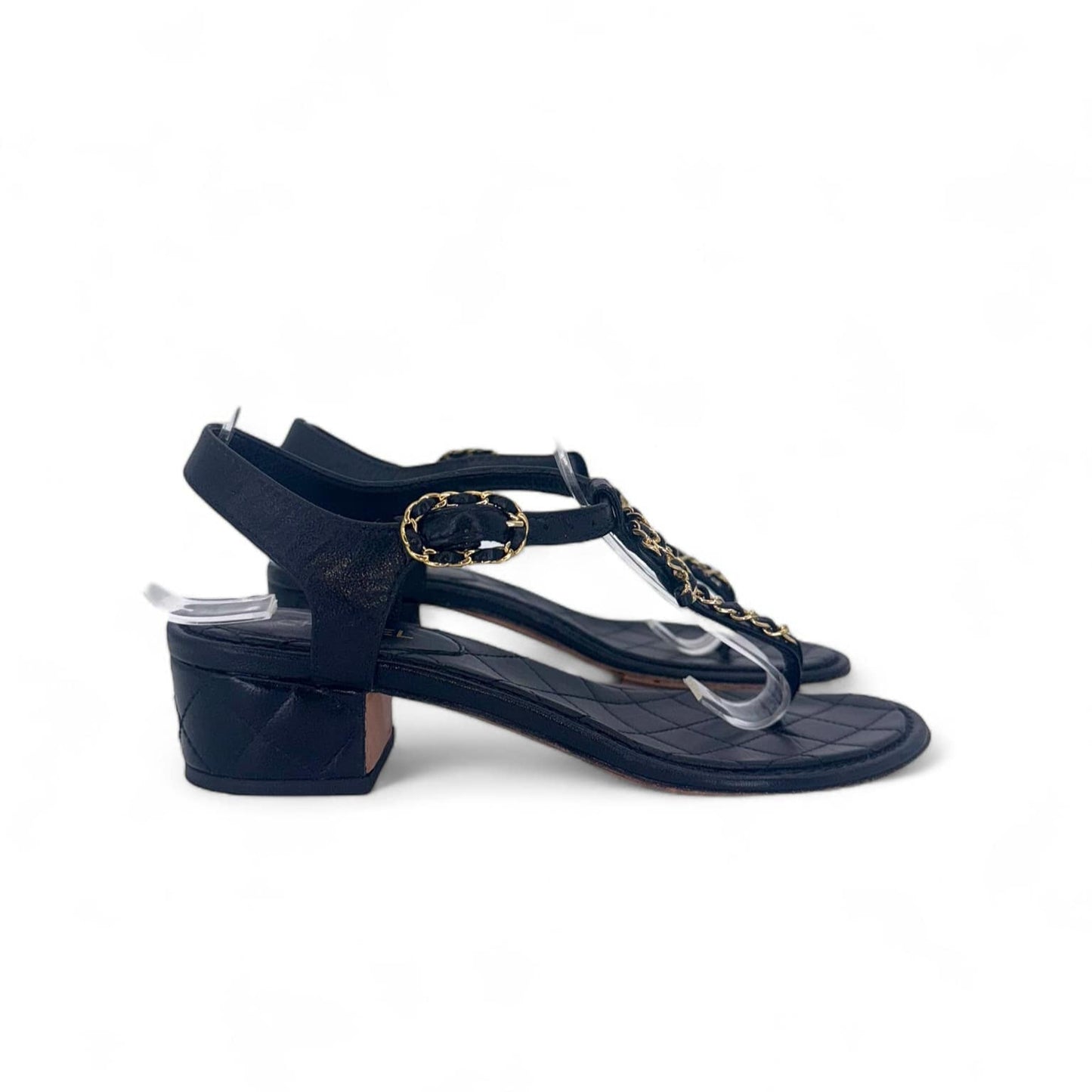 CHANEL Black & Gold CC Logo T-Strap Leather Sandals IT36
