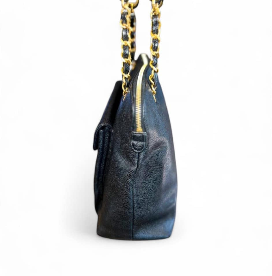 CHANEL Vintage Black Caviar Leather CC Logo Turn Lock Tote Bag