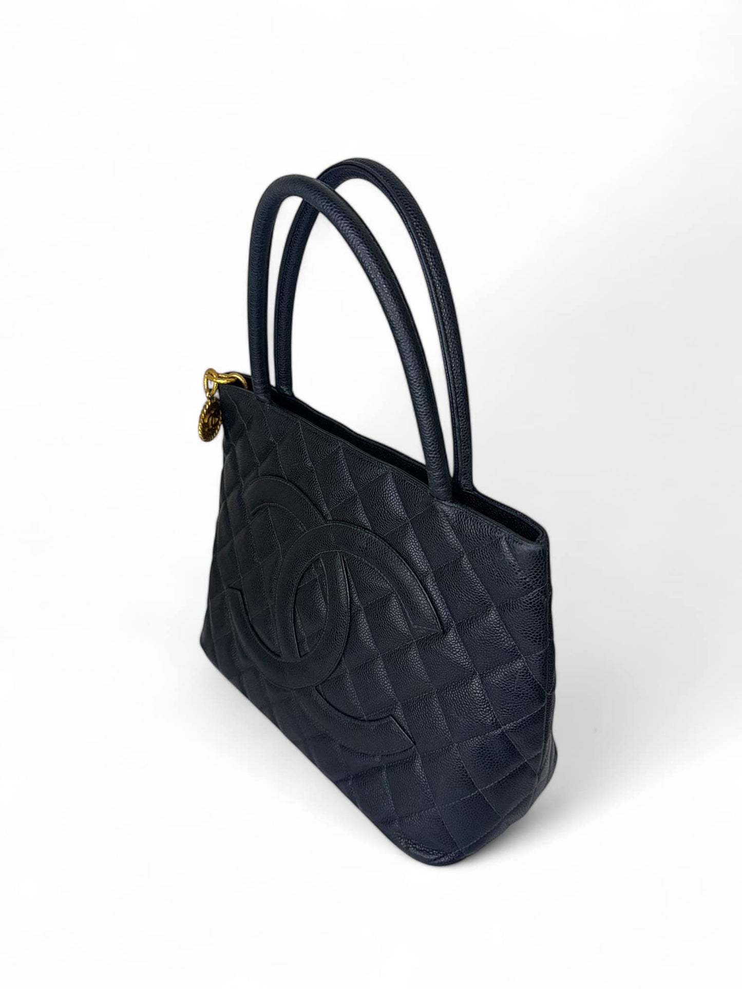 CHANEL Black Vintage CC Logo Caviar Leather Quilted Medallion Tote Bag