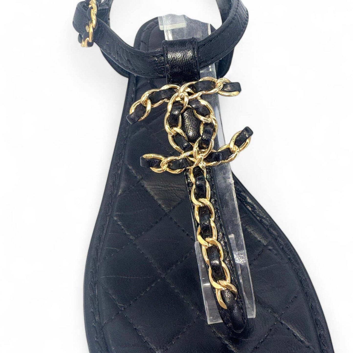 CHANEL Black & Gold CC Logo T-Strap Leather Sandals IT36