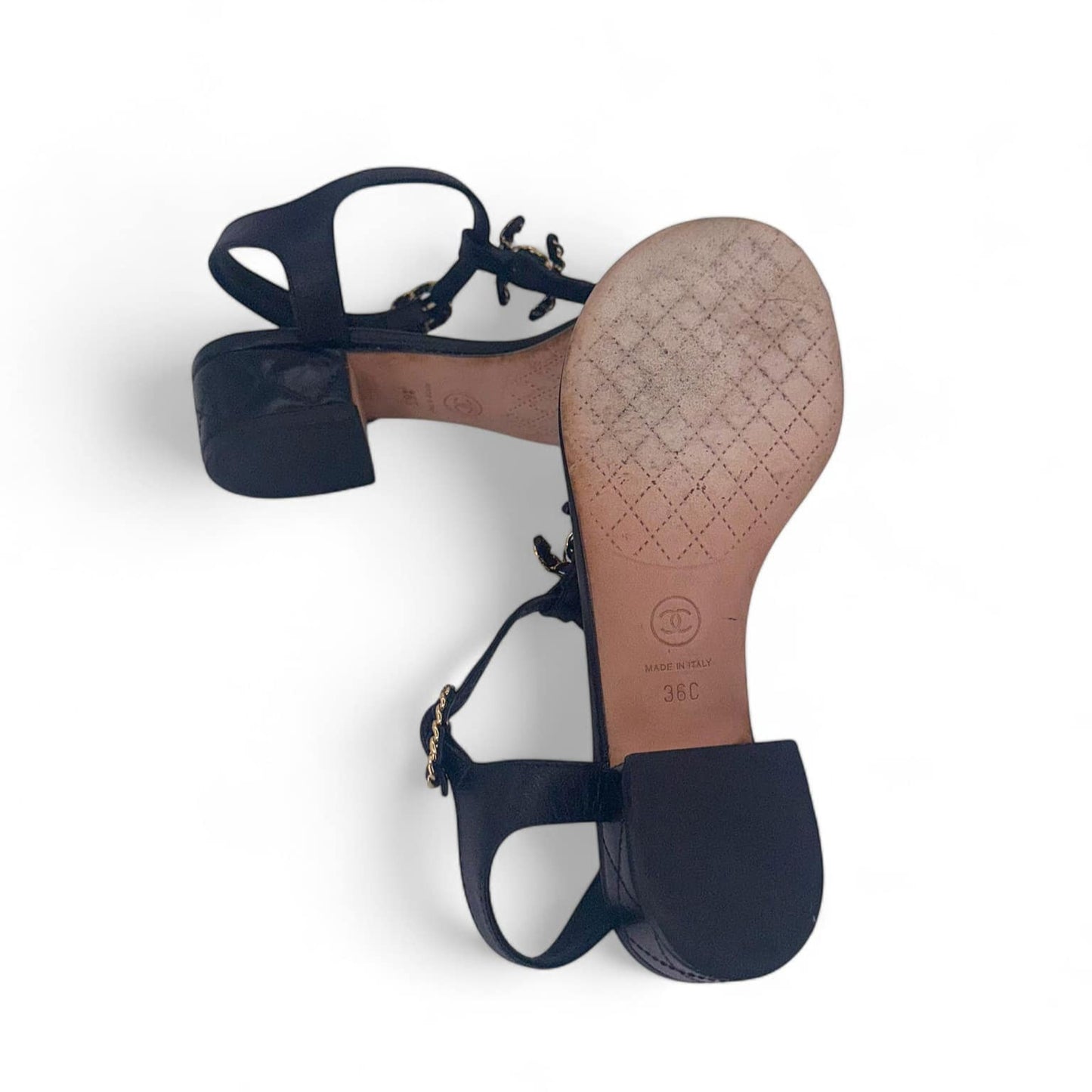 CHANEL Black & Gold CC Logo T-Strap Leather Sandals IT36