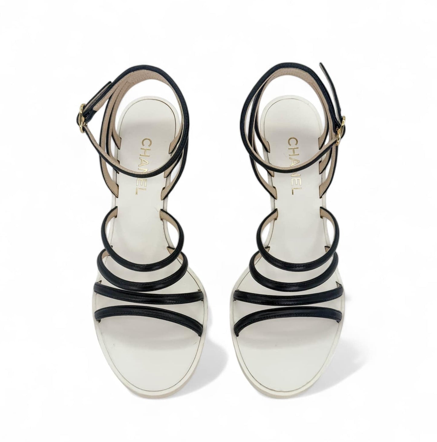 CHANEL Black & Beige CC Logo Wedge Heel Sandals IT38.5