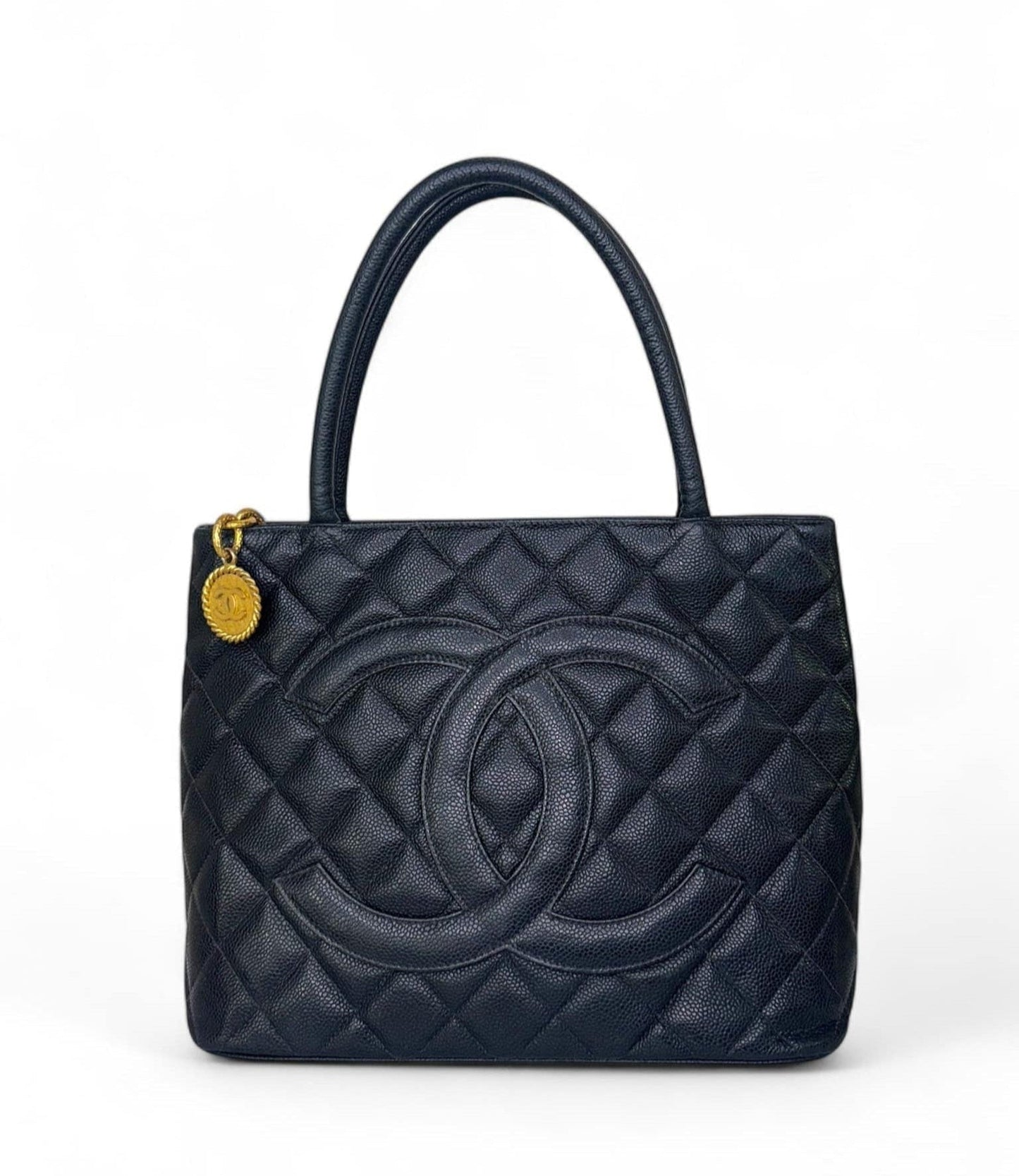 CHANEL Black Vintage CC Logo Caviar Leather Quilted Medallion Tote Bag