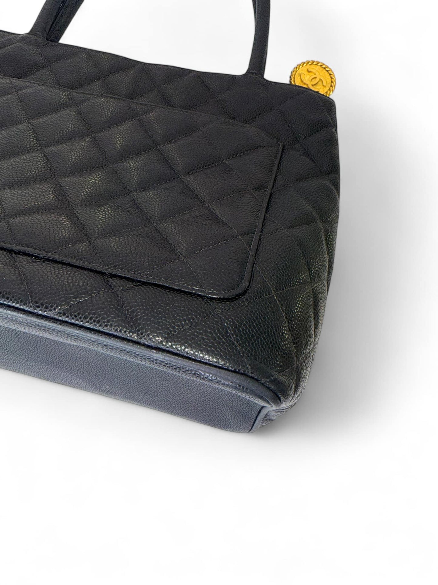 CHANEL Black Vintage CC Logo Caviar Leather Quilted Medallion Tote Bag