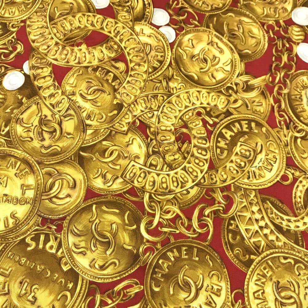 CHANEL Vintage CC Logo Jewelry Pattern Red & Gold Scarf