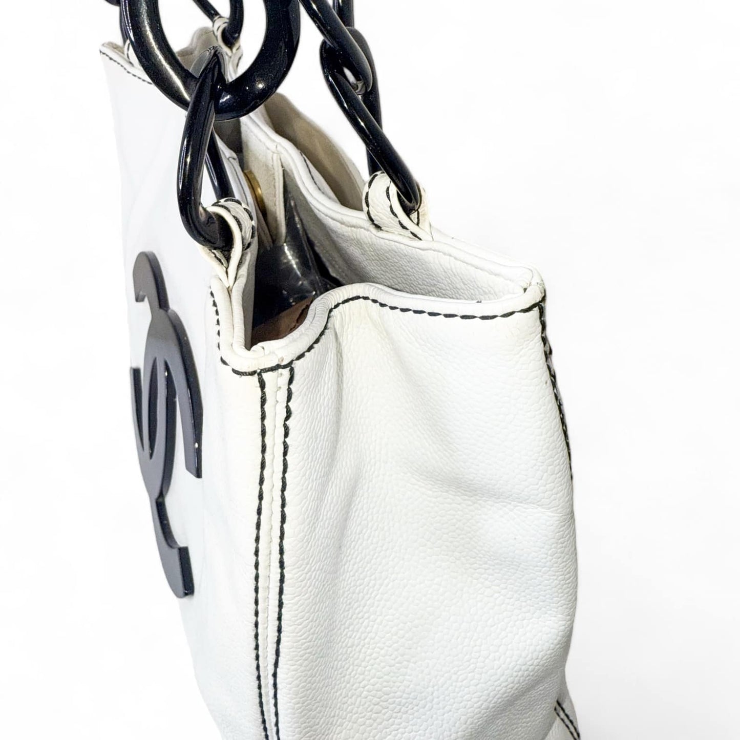 CHANEL Vintage CC Logo Black & White Caviar Bekko Chain Tote