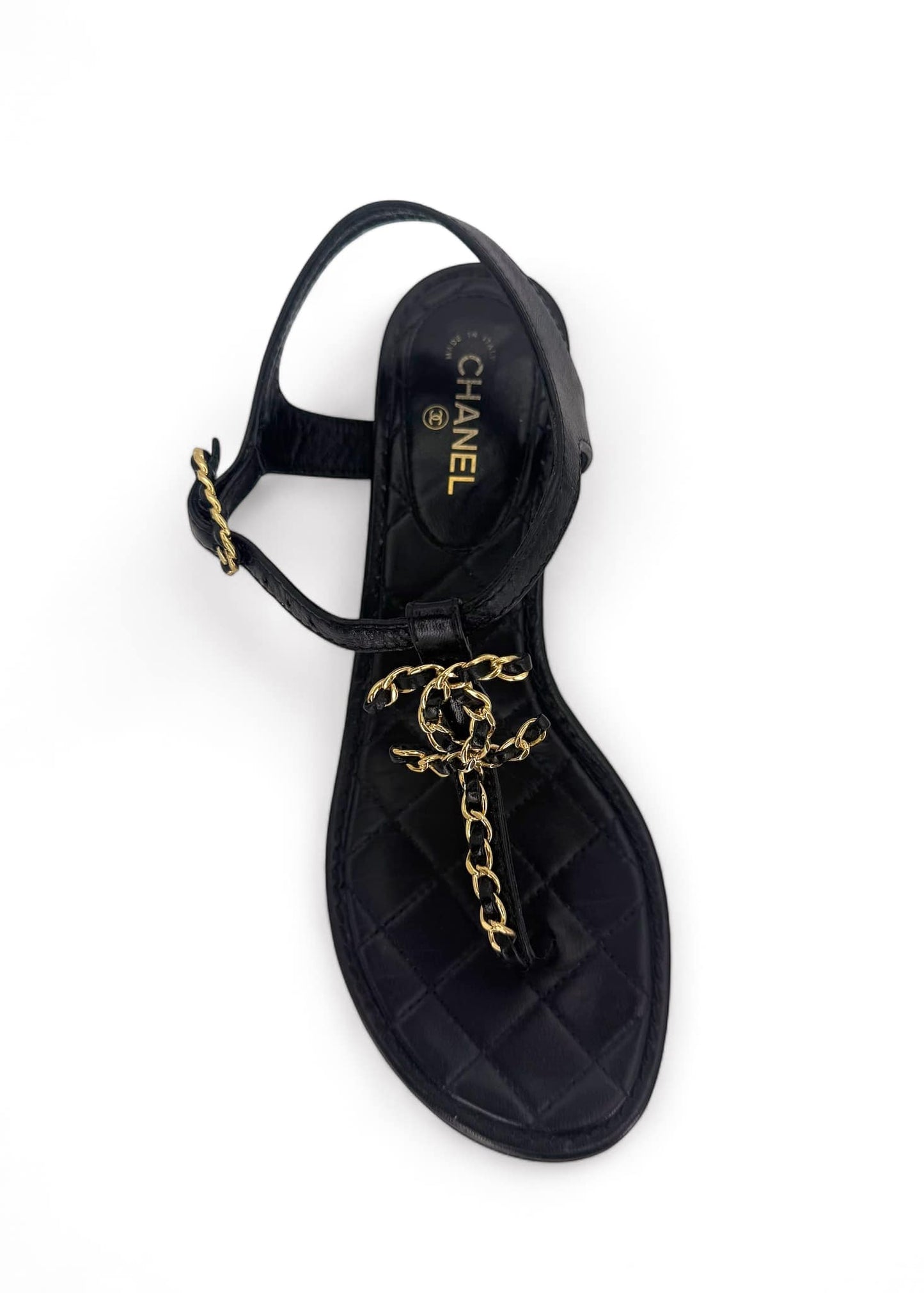 CHANEL Black & Gold CC Logo T-Strap Leather Sandals IT36