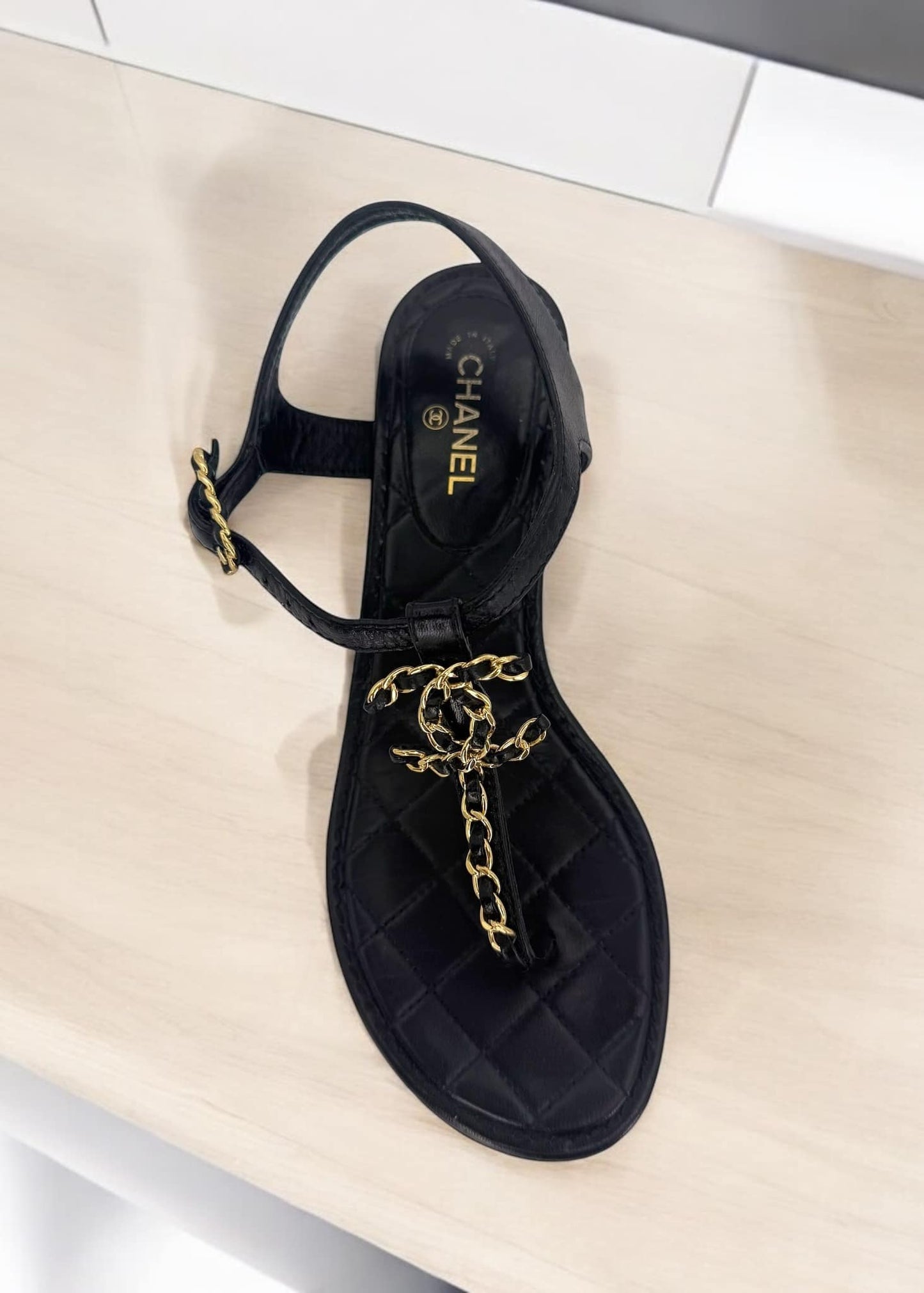 CHANEL Black & Gold CC Logo T-Strap Leather Sandals IT36