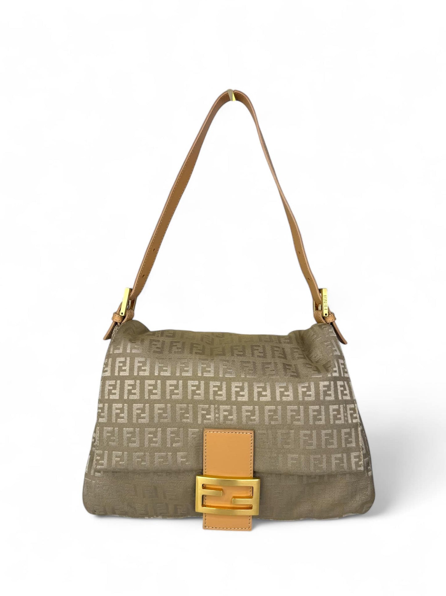Fendi FF Zucchino Beige Mamma Baguette Canvas Shoulder Bag
