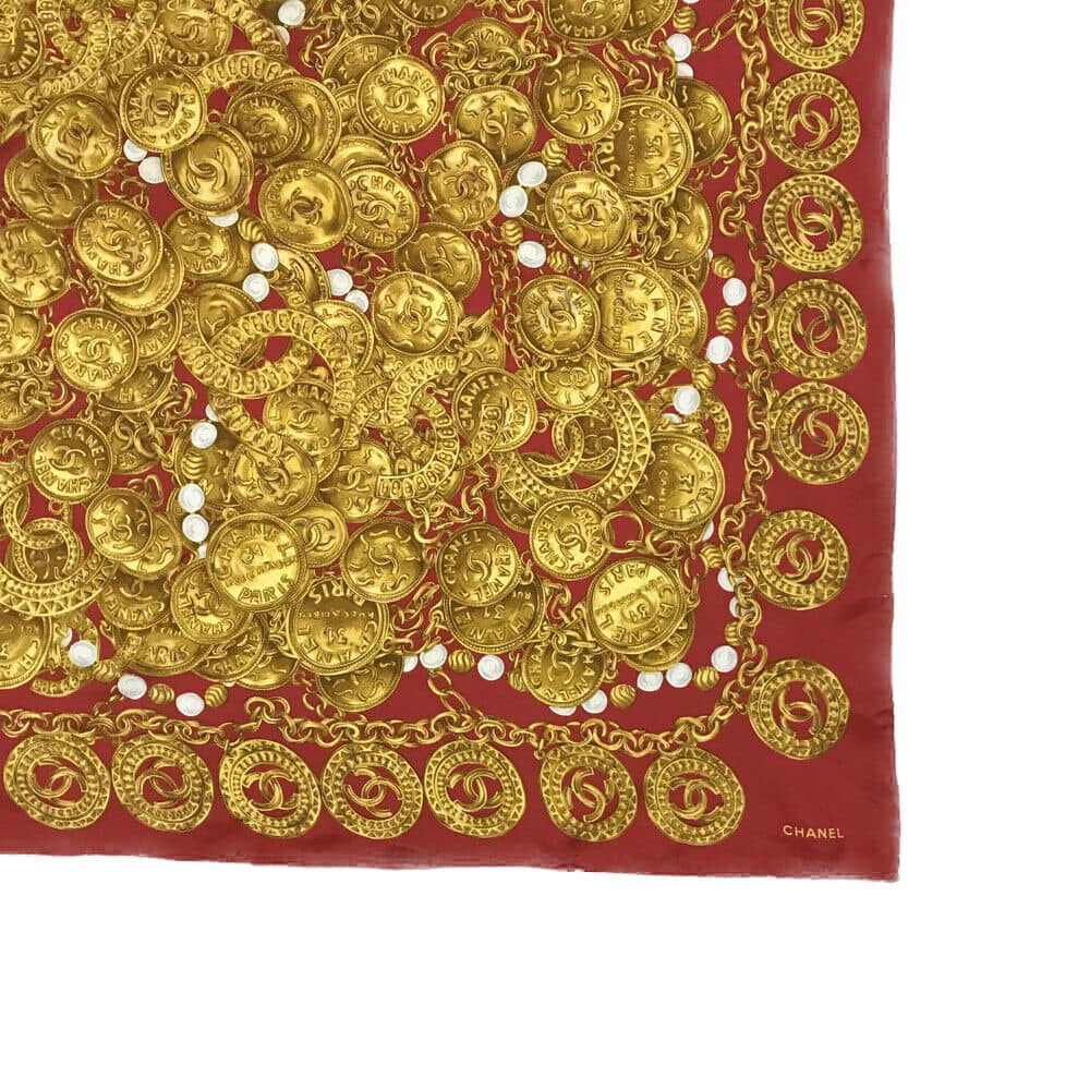 CHANEL Vintage CC Logo Jewelry Pattern Red & Gold Scarf