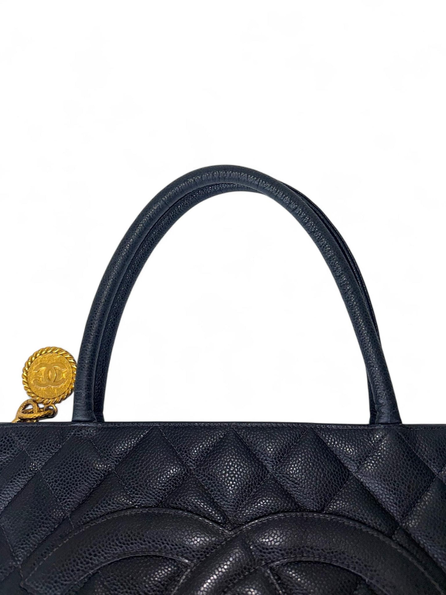 CHANEL Black Vintage CC Logo Caviar Leather Quilted Medallion Tote Bag
