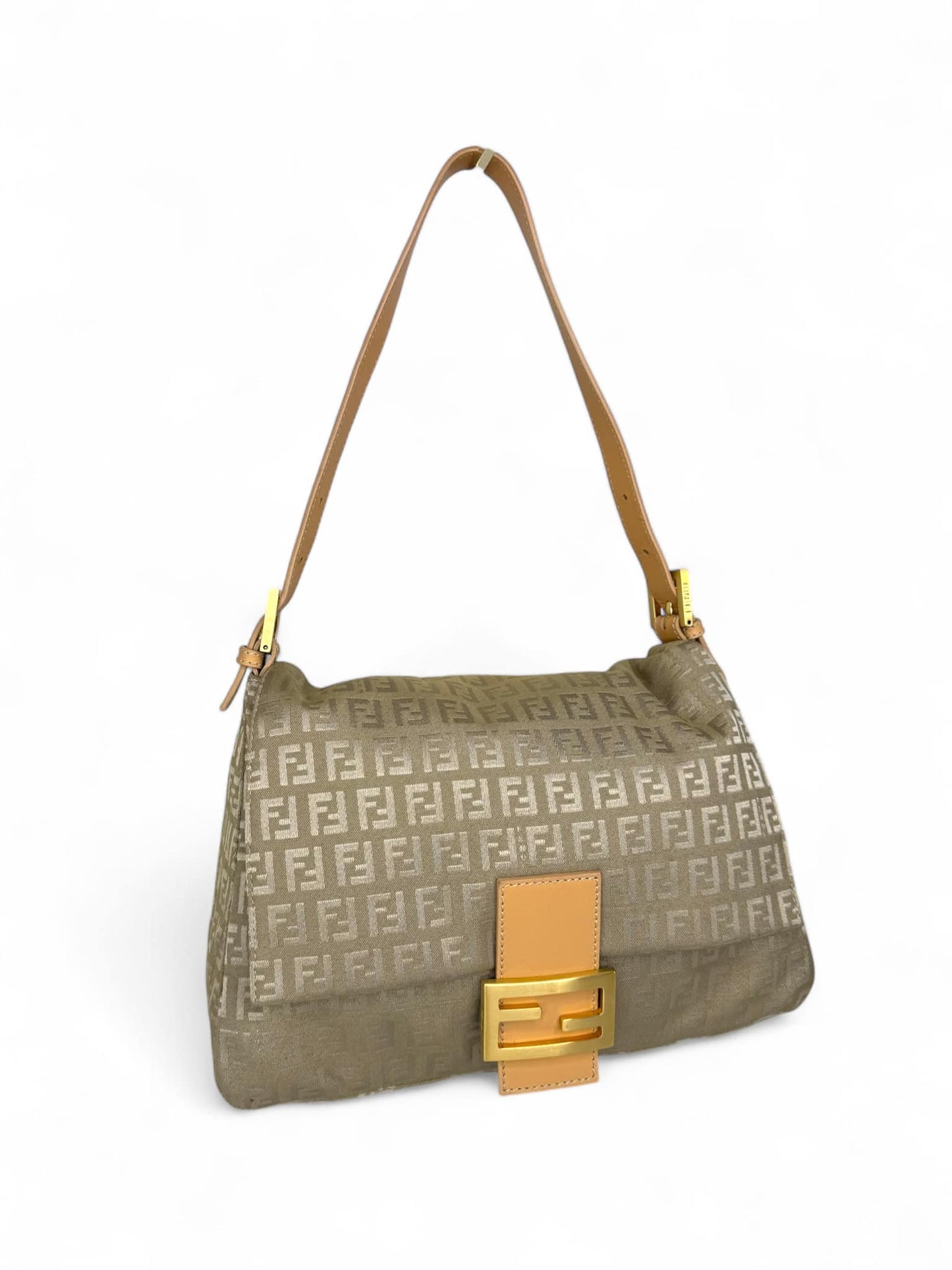 Fendi FF Zucchino Beige Mamma Baguette Canvas Shoulder Bag