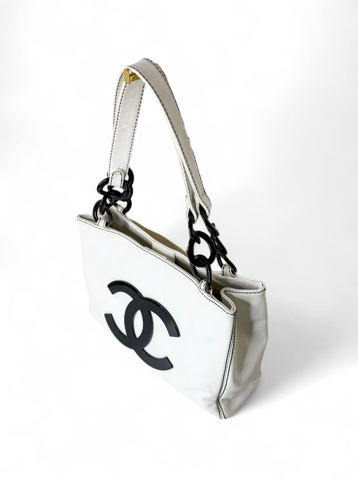 CHANEL Vintage CC Logo Black & White Caviar Bekko Chain Tote