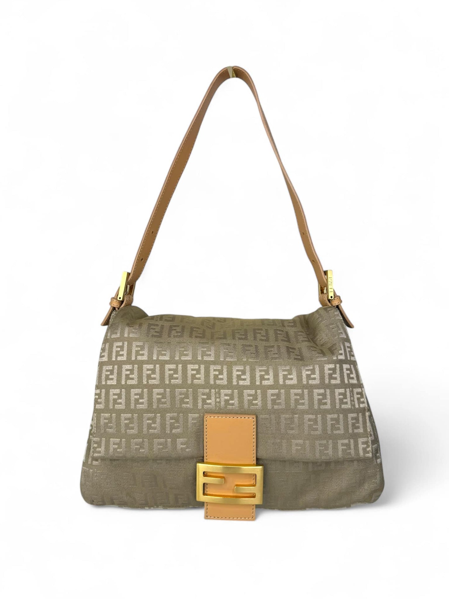 Fendi FF Zucchino Beige Mamma Baguette Canvas Shoulder Bag