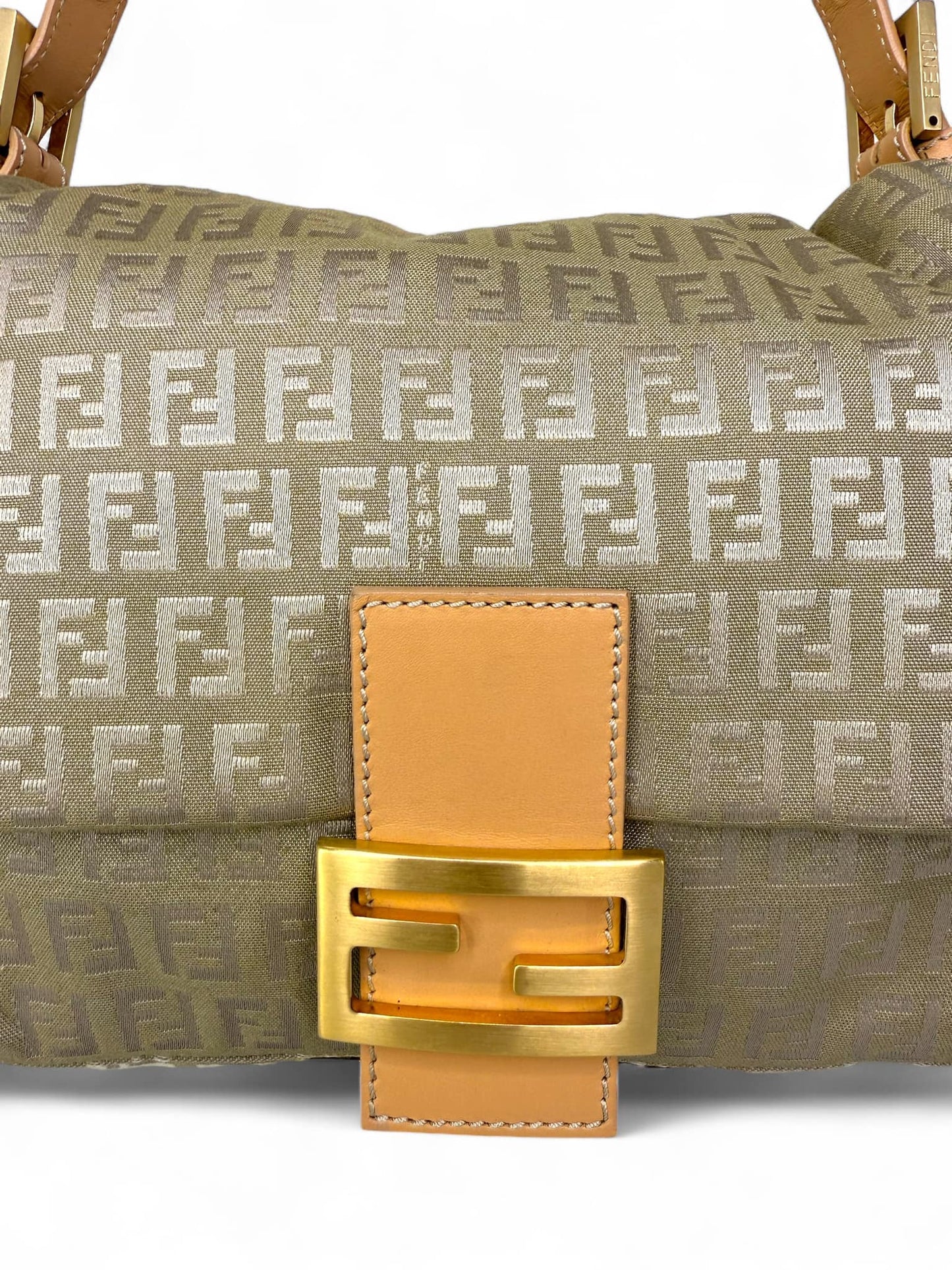 Fendi FF Zucchino Beige Mamma Baguette Canvas Shoulder Bag