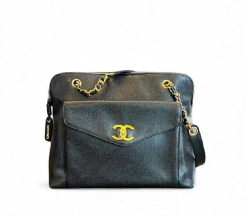 CHANEL Vintage Black Caviar Leather CC Logo Turn Lock Tote Bag