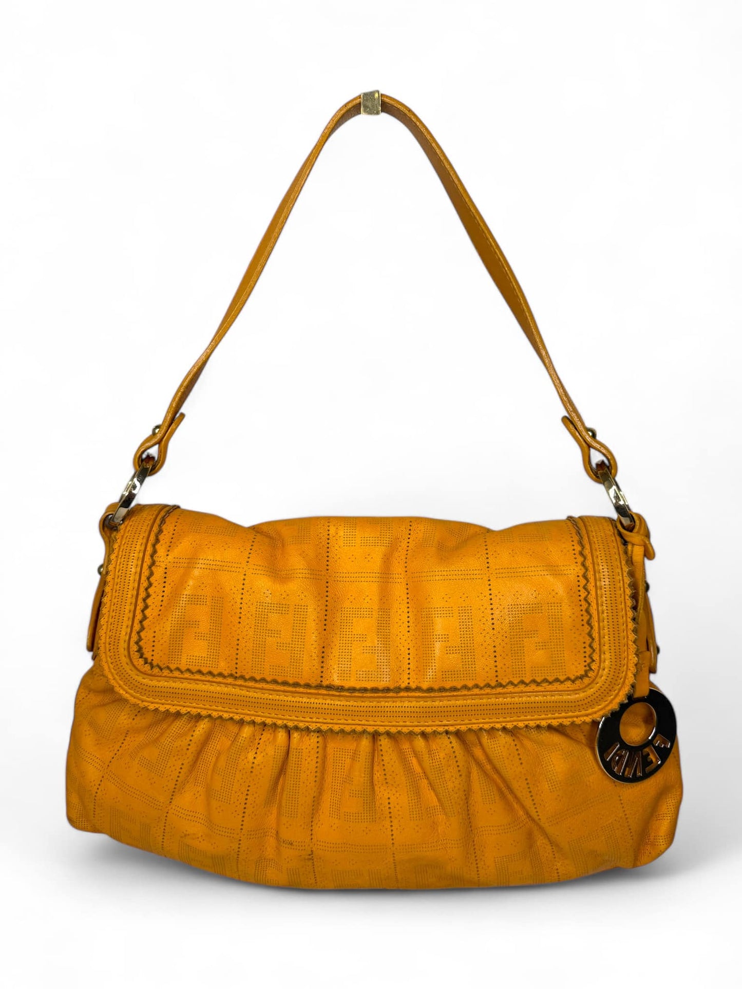 FENDI Chef Small Orange Perforated FF Zucca Calfskin Shoulder Bag