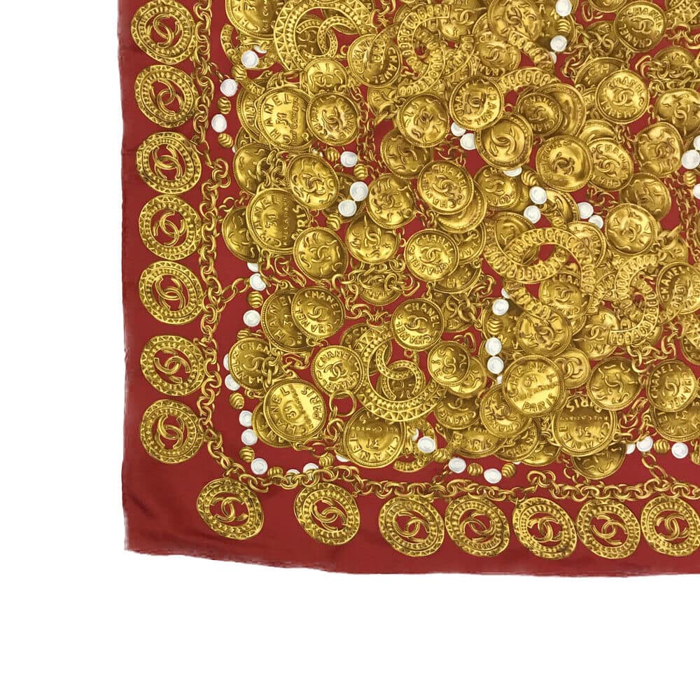 CHANEL Vintage CC Logo Jewelry Pattern Red & Gold Scarf