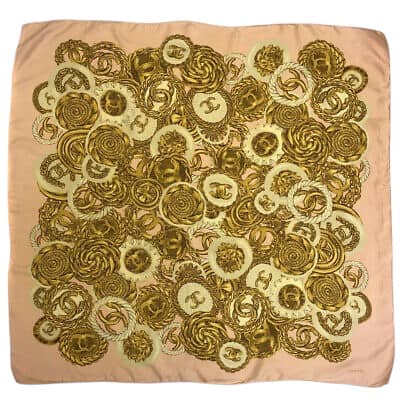 CHANEL CC Logo Pink 100% Silk Jewelry Print Scarf