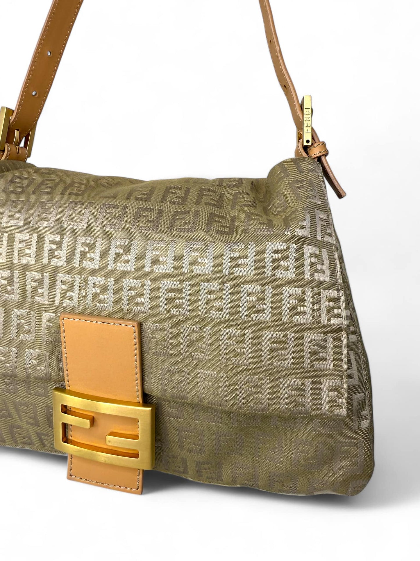 Fendi FF Zucchino Beige Mamma Baguette Canvas Shoulder Bag