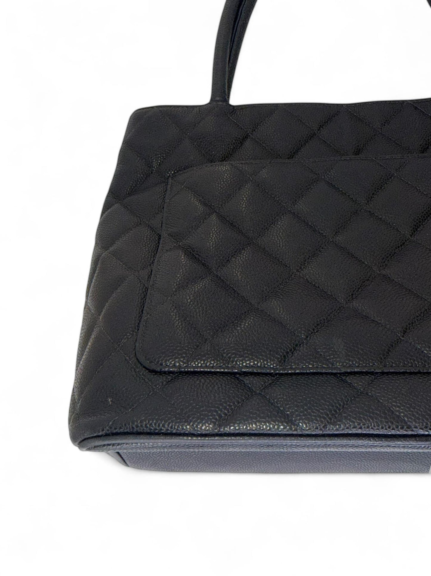 CHANEL Black Vintage CC Logo Caviar Leather Quilted Medallion Tote Bag