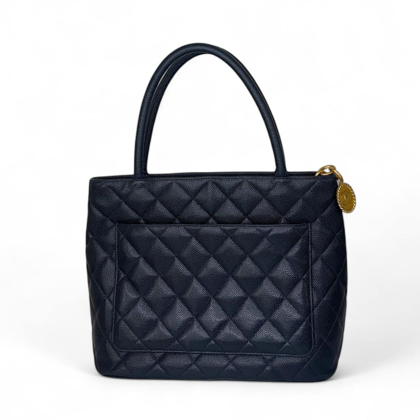 CHANEL Black Vintage CC Logo Caviar Leather Quilted Medallion Tote Bag