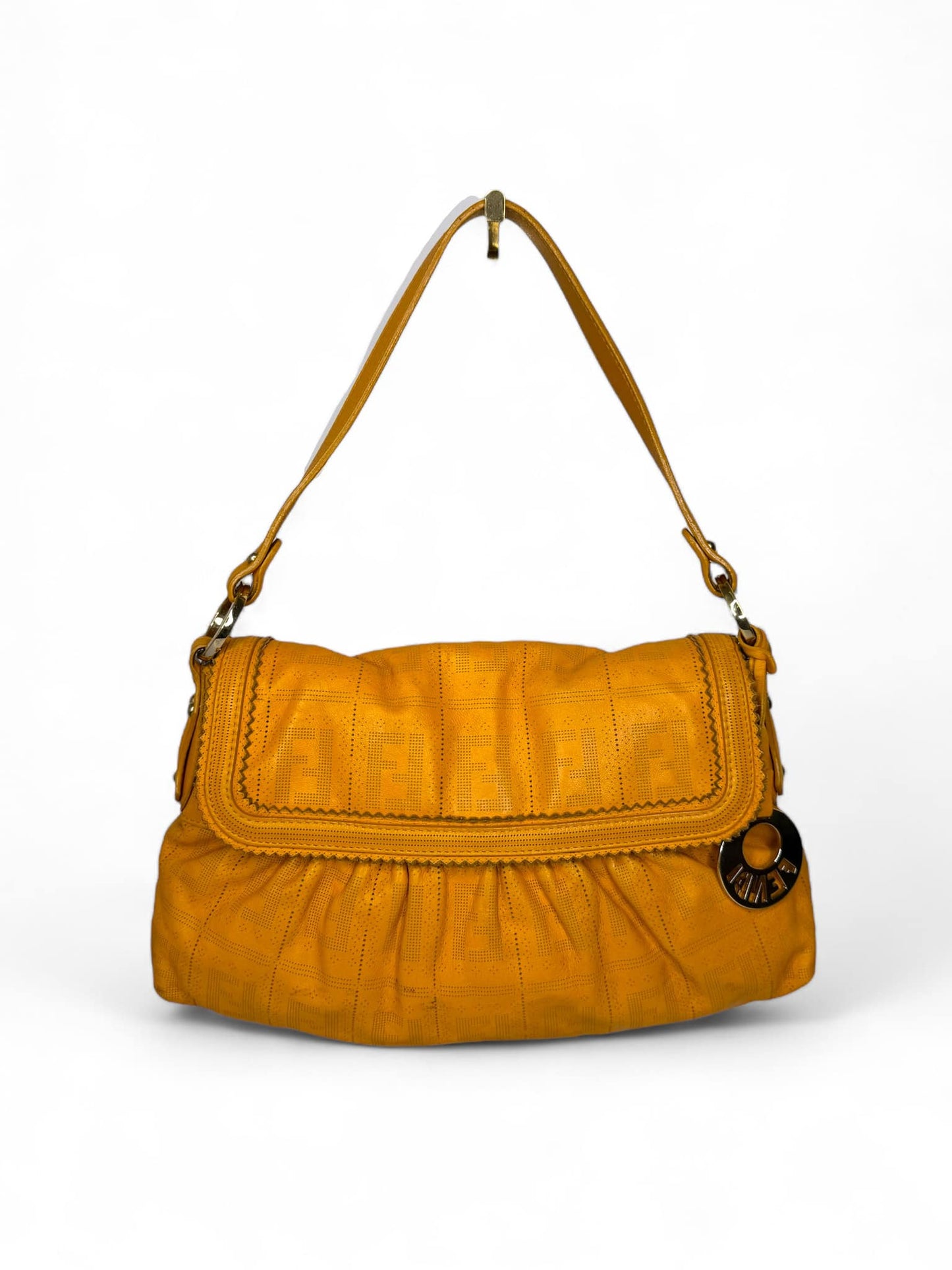 FENDI Chef Small Orange Perforated FF Zucca Calfskin Shoulder Bag