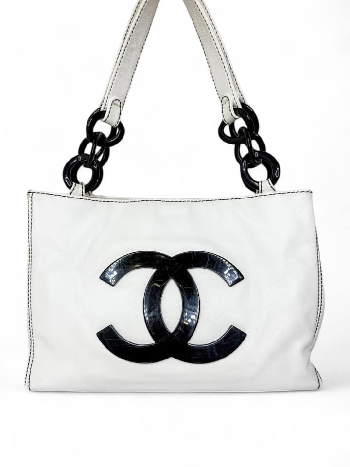 CHANEL Vintage CC Logo Black & White Caviar Bekko Chain Tote