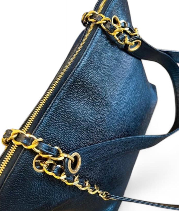 CHANEL Vintage Black Caviar Leather CC Logo Turn Lock Tote Bag
